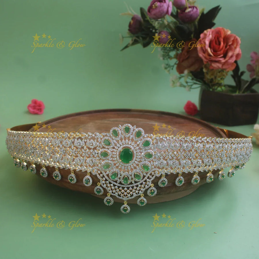 Elegant Floral design American diamond hipbelt with ruby stone drops - Sparkle and Glow