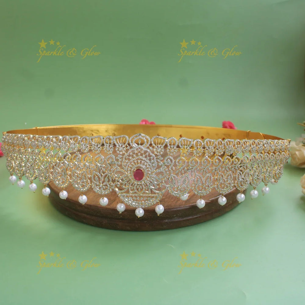 Statement Floral leaf design American diamond hipbelt with ruby and pearl drops - Sparkle and Glow