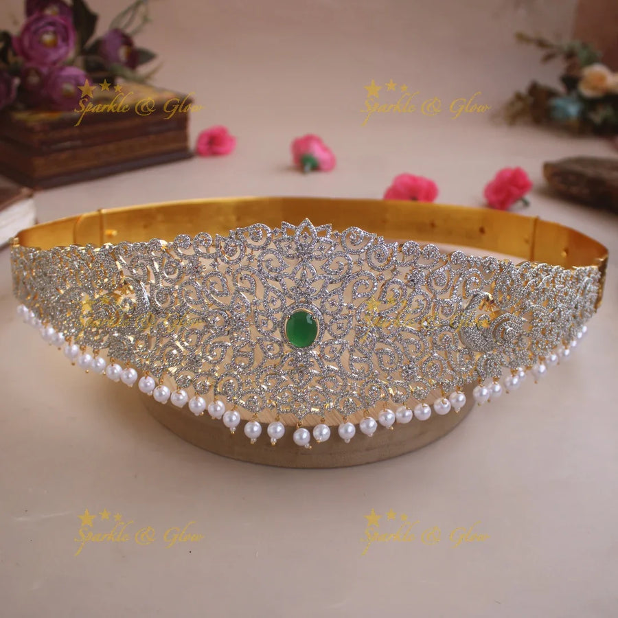 Beautiful Peacock floral design American diamond hipbelt with emerald and pearl drops - Sparkle and Glow
