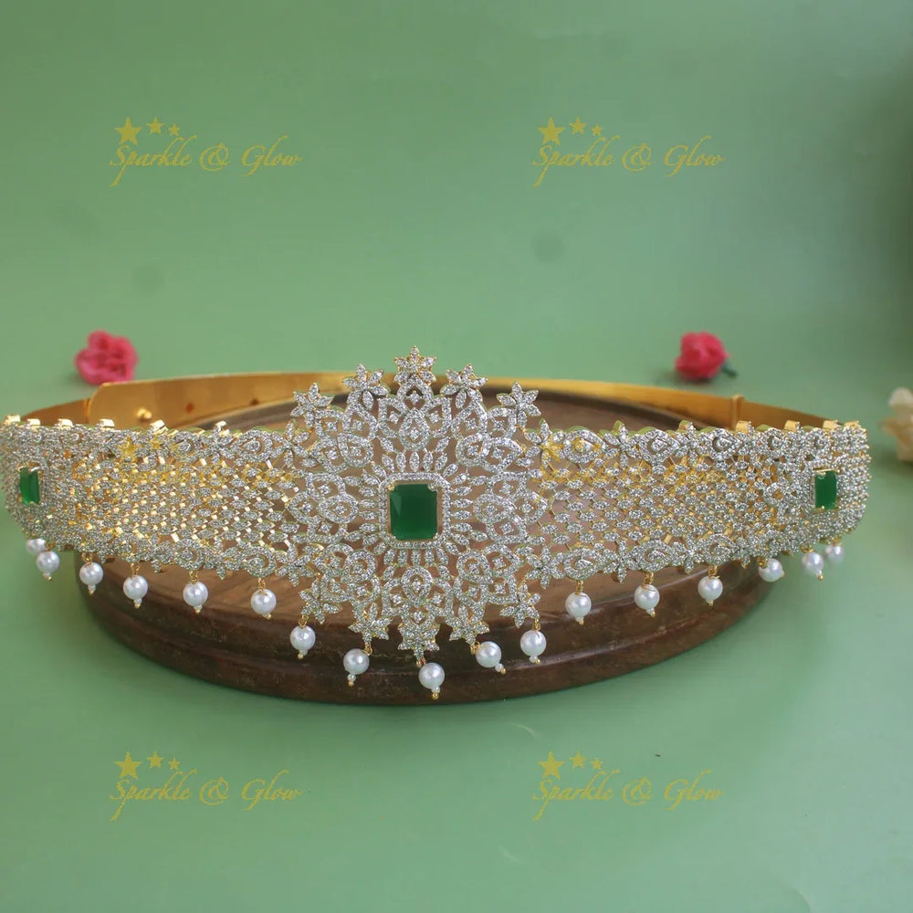 Gorgeous Floral design American diamond hipbelt with emerald and pearl drops - Sparkle and Glow
