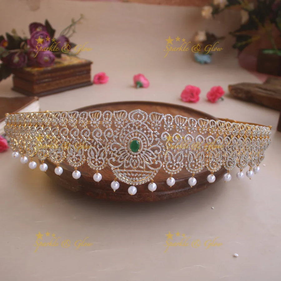 Statement Floral leaf design American diamond hipbelt with ruby and pearl drops - Sparkle and Glow