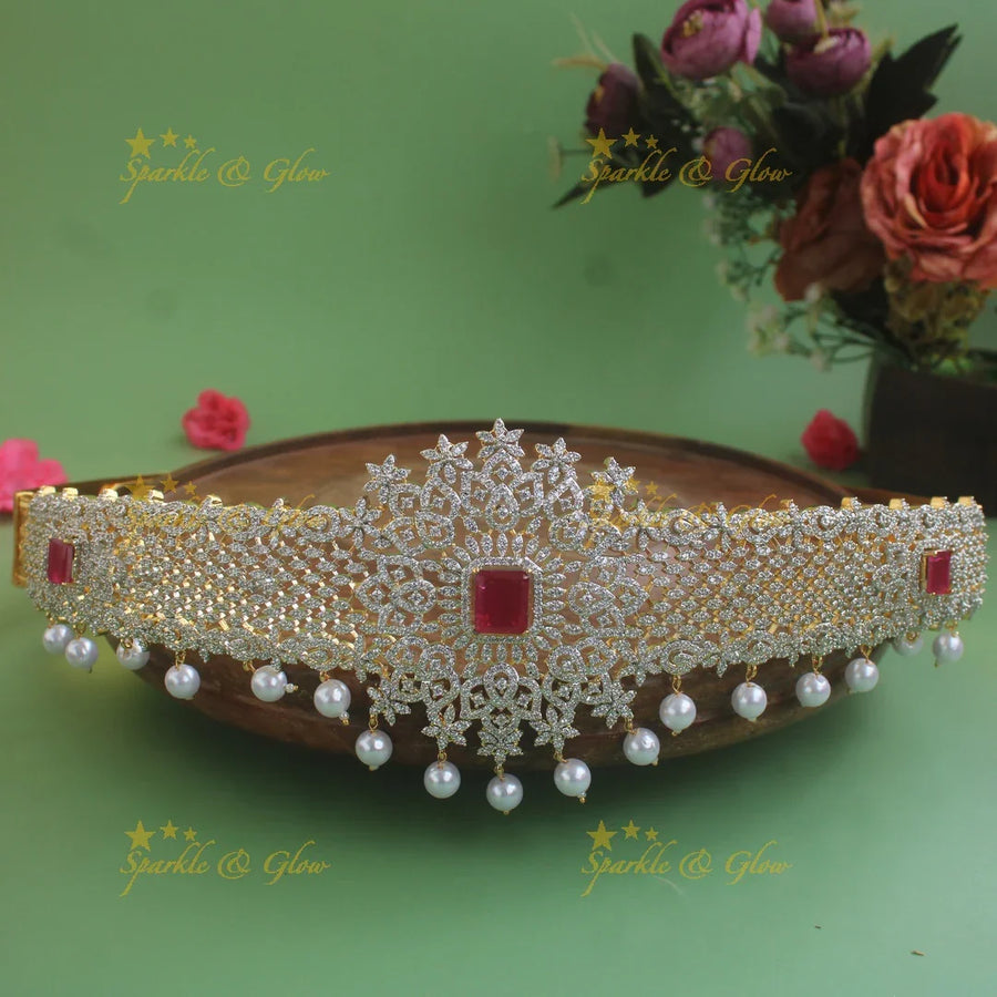 Gorgeous Floral design American diamond hipbelt with emerald and pearl drops - Sparkle and Glow