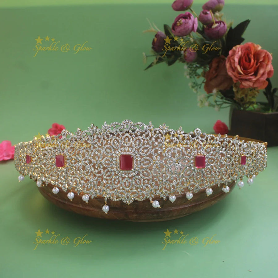 Sparkling Floral design American diamond hipbelt with ruby and pearl drops - Sparkle and Glow