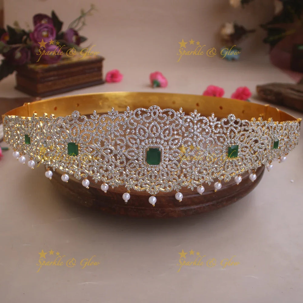Sparkling Floral design American diamond hipbelt with ruby and pearl drops - Sparkle and Glow