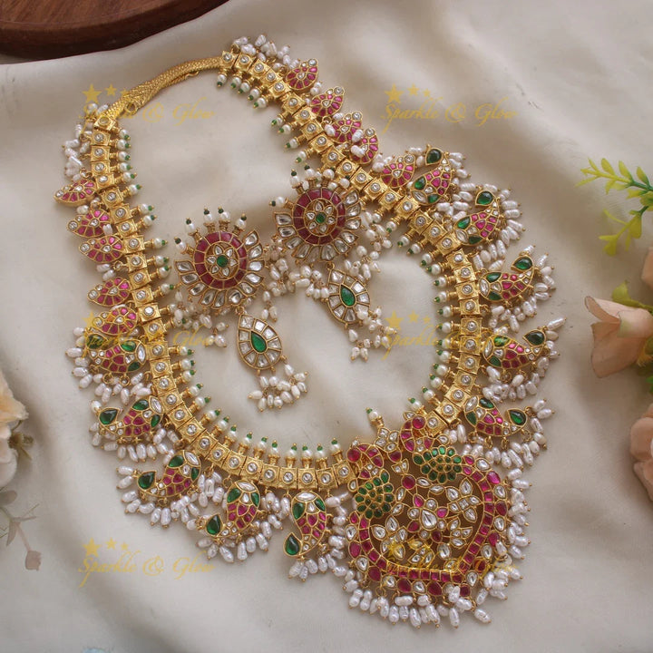 Statement Peacock and Mango design jadau bridal haram with rice pearls - Sparkle and Glow