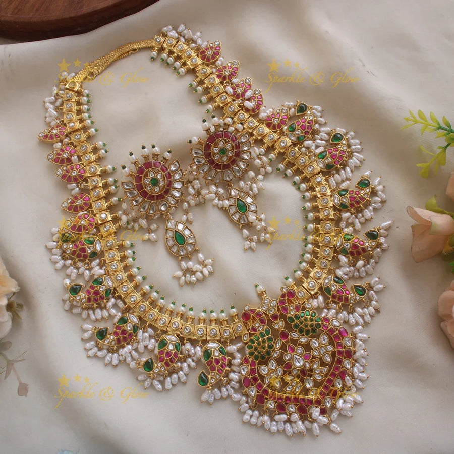 Statement Peacock and Mango design jadau bridal haram with rice pearls - Sparkle and Glow