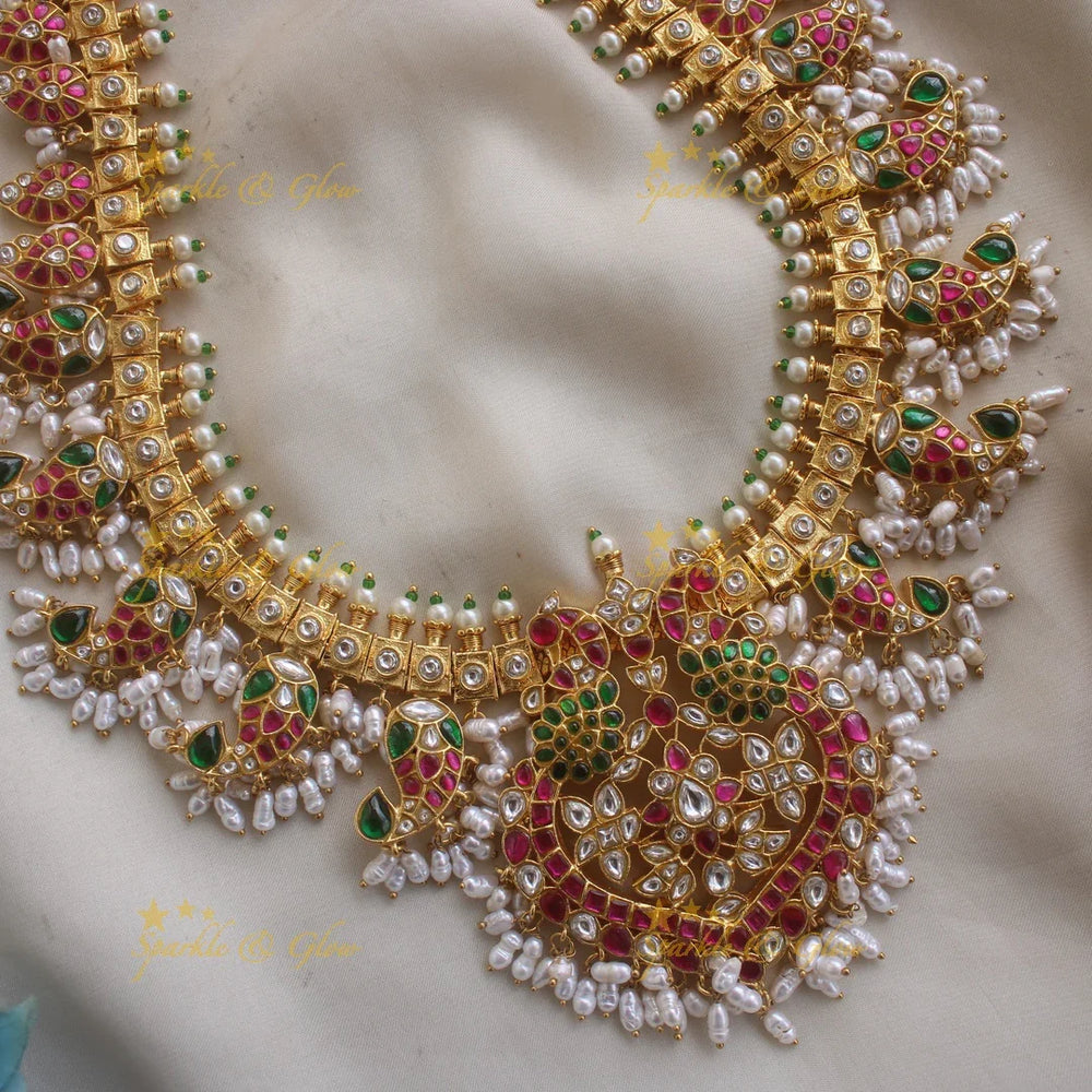 Statement Peacock and Mango design jadau bridal haram with rice pearls - Sparkle and Glow