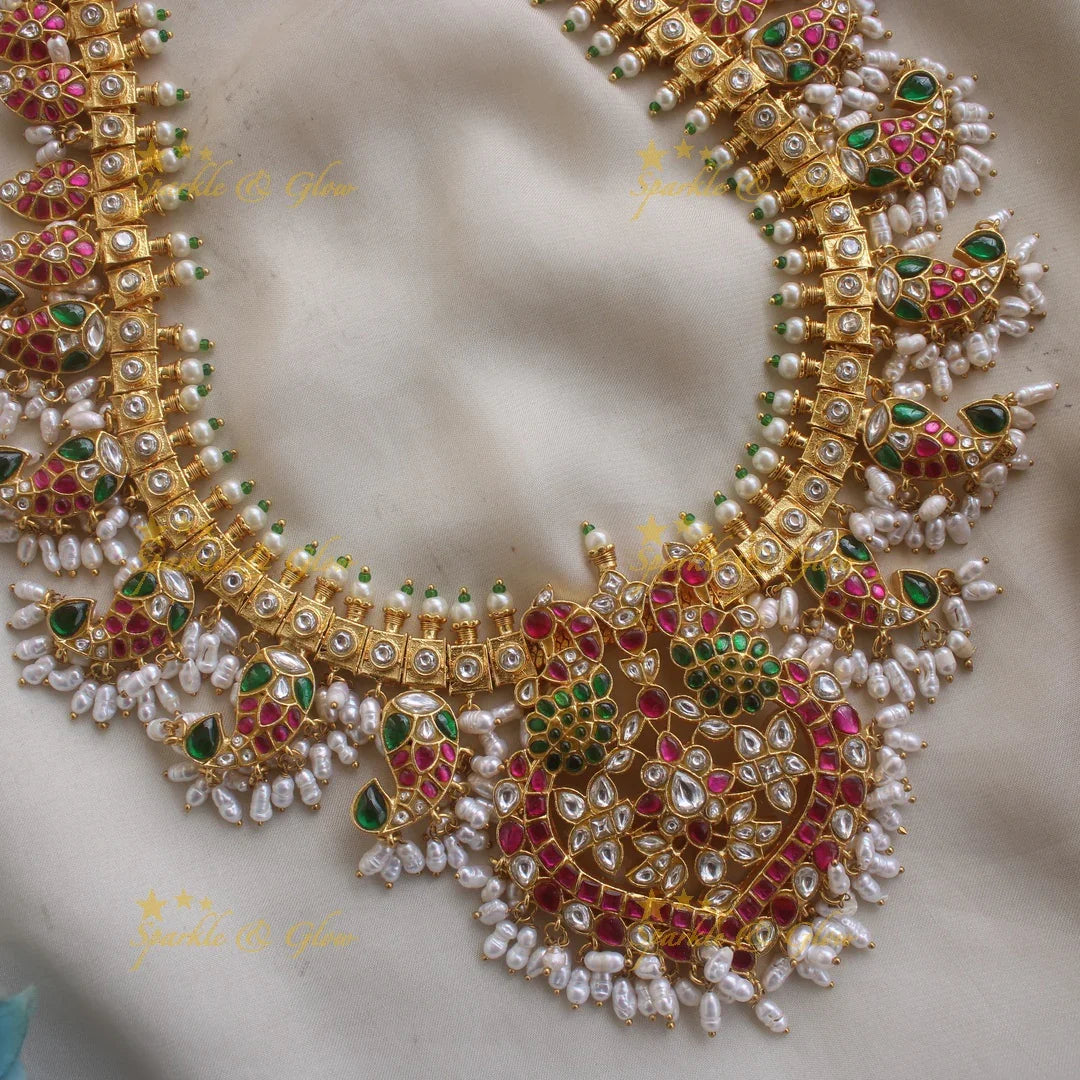 Statement Peacock and Mango design jadau bridal haram with rice pearls - Sparkle and Glow
