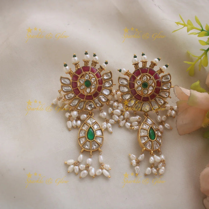 Statement Peacock and Mango design jadau bridal haram with rice pearls - Sparkle and Glow