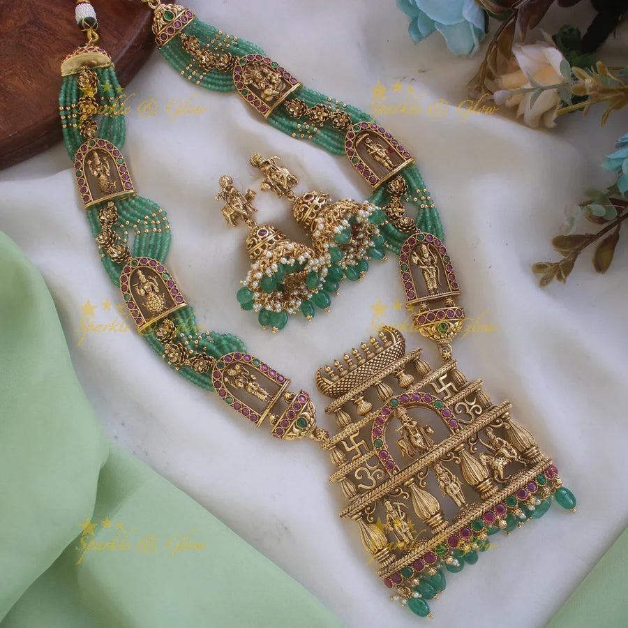 Grand Krishna Temple design pendant haram with multi layered mintgreen beads chain - Sparkle and Glow