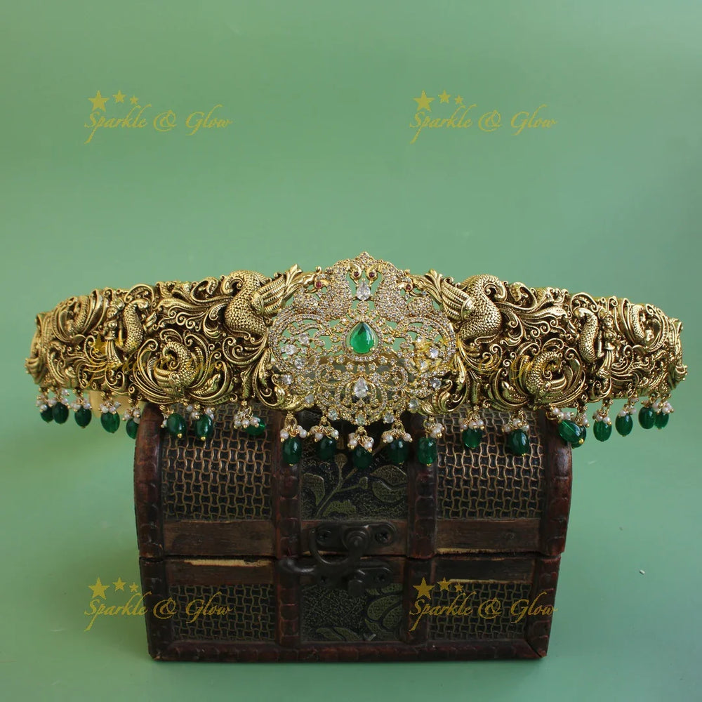 Stunning Peacock carved dual tone victorian AD hipbelt with emerald and beads - Sparkle and Glow