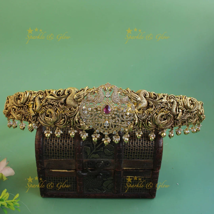 Stunning Peacock carved dual tone victorian AD hipbelt with emerald and beads - Sparkle and Glow