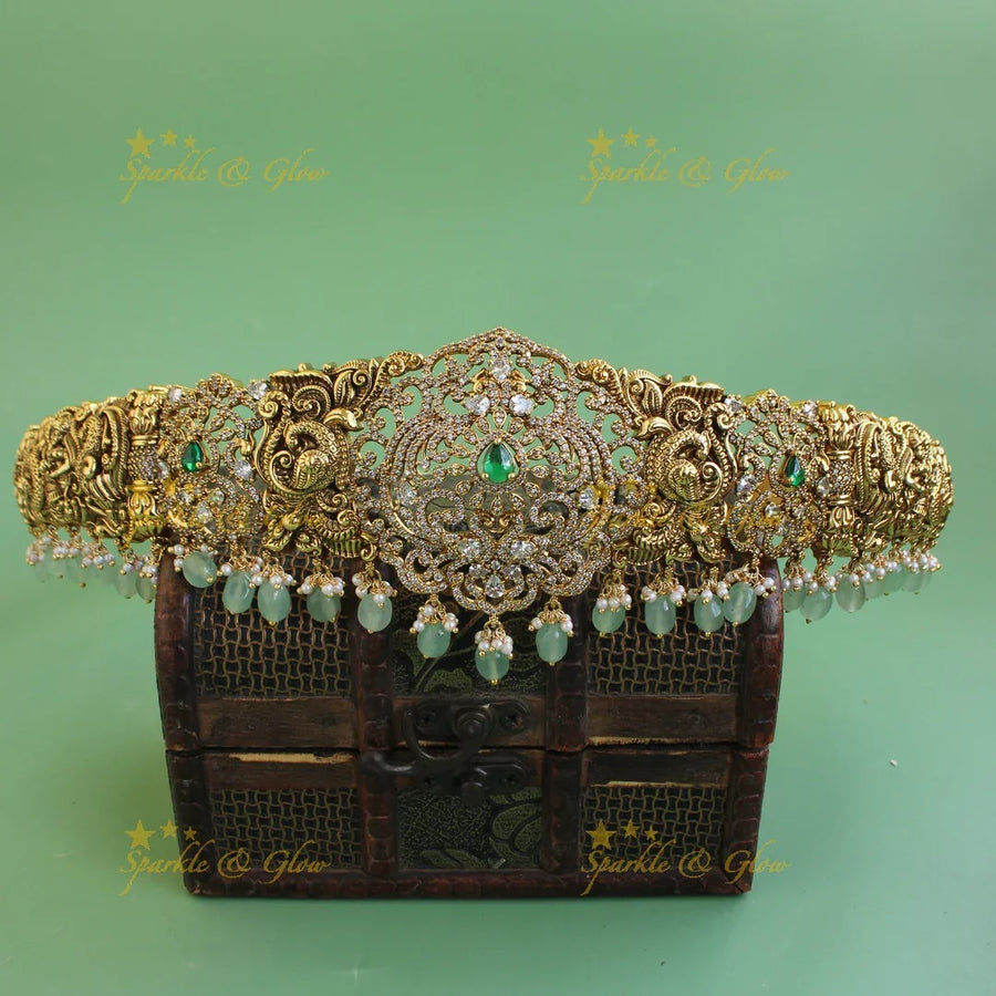 Exclusive Peacock floral design dual tone victorian AD hipbelt with emerald and mint green beads - Sparkle and Glow