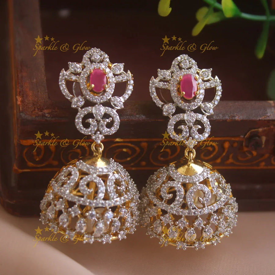 Beautiful Floral design American diamond jumukas with ruby - Sparkle and Glow