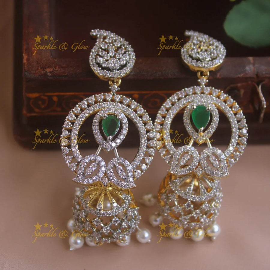 Glittering Leaf design American diamond jumukas with emerald and pearl drops - Sparkle and Glow