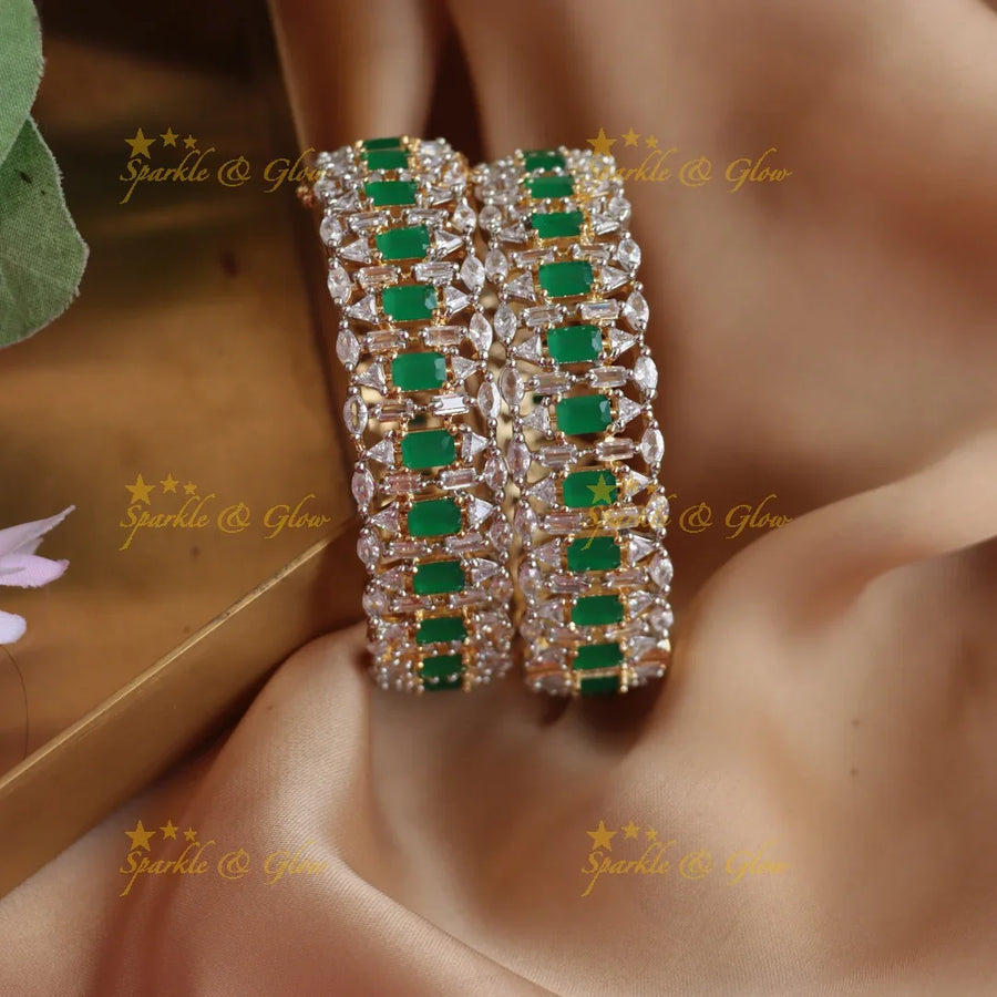 Stunning Rectangle stone american diamond bangles with emerald stones a pair, 2.8 - green - Sparkle and Glow