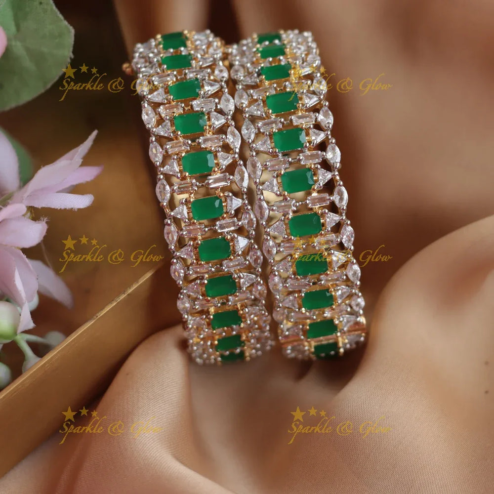 Stunning Rectangle stone american diamond bangles with emerald stones a pair, 2.8 - green - Sparkle and Glow