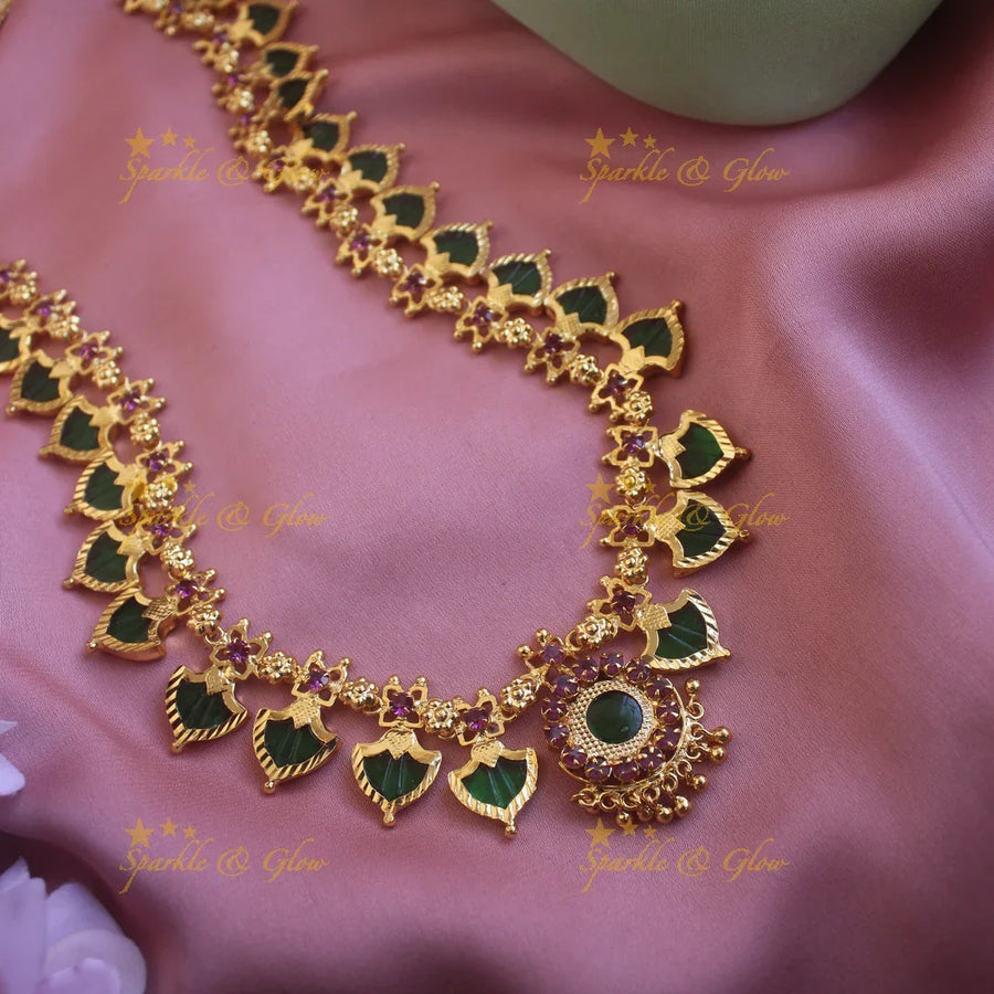 Beautiful Leaf shape green palakka kerala style long necklace with ruby stones and gold beads - 15 palakkas - Sparkle and Glow