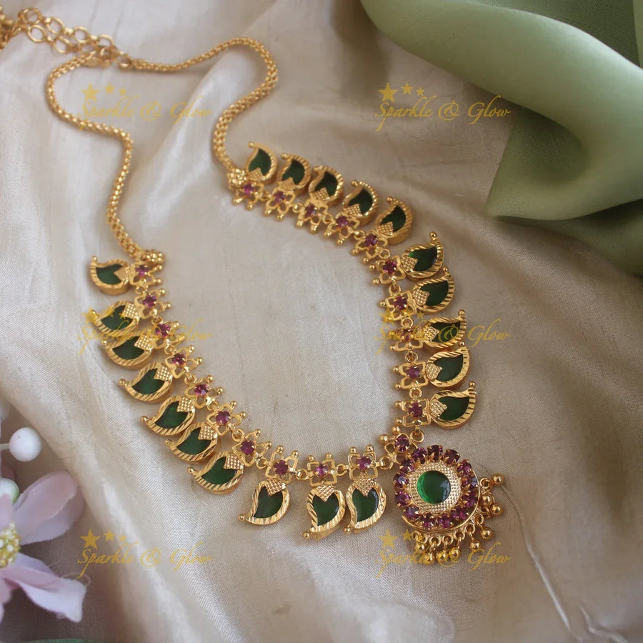 Elegant Mango green palakka and stone pendant kerala style short necklace with ruby and gold beads - 20 palakkas - Sparkle and Glow