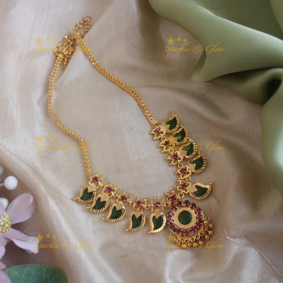 Stunning Mango green palakka and stone pendant kerala style short necklace with ruby and gold beads - Sparkle and Glow