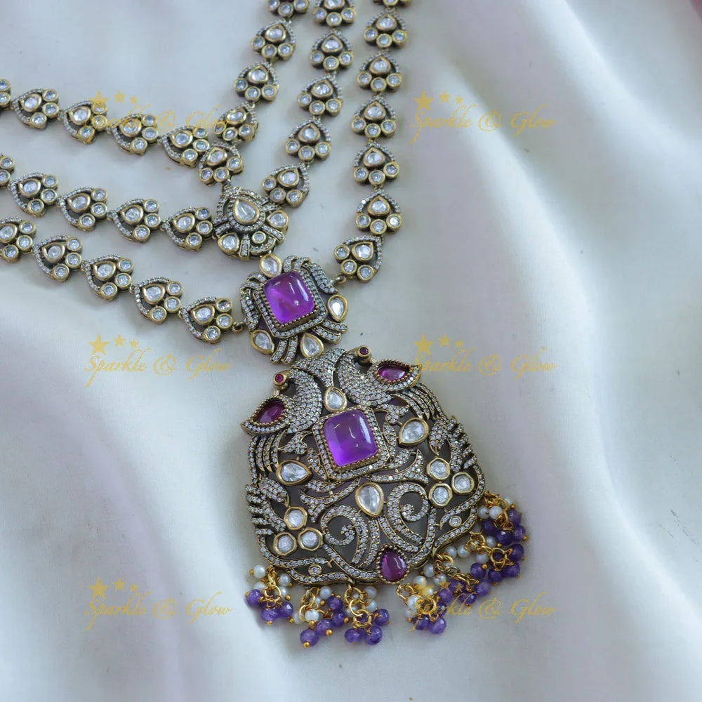 Grand Victorian AD Peacock Floral Layered Haram with pink beads-Purple - Sparkle and Glow