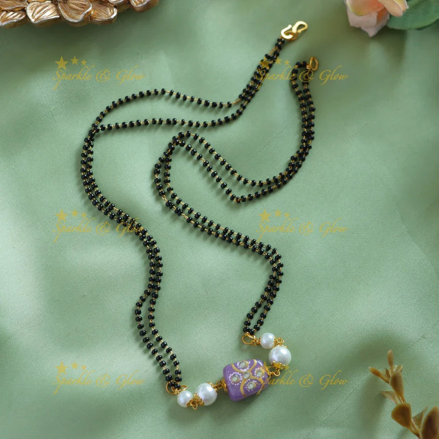 Stunning Beads and pearls pendant two layer black beads chain , mangalsutra - purple - Sparkle and Glow