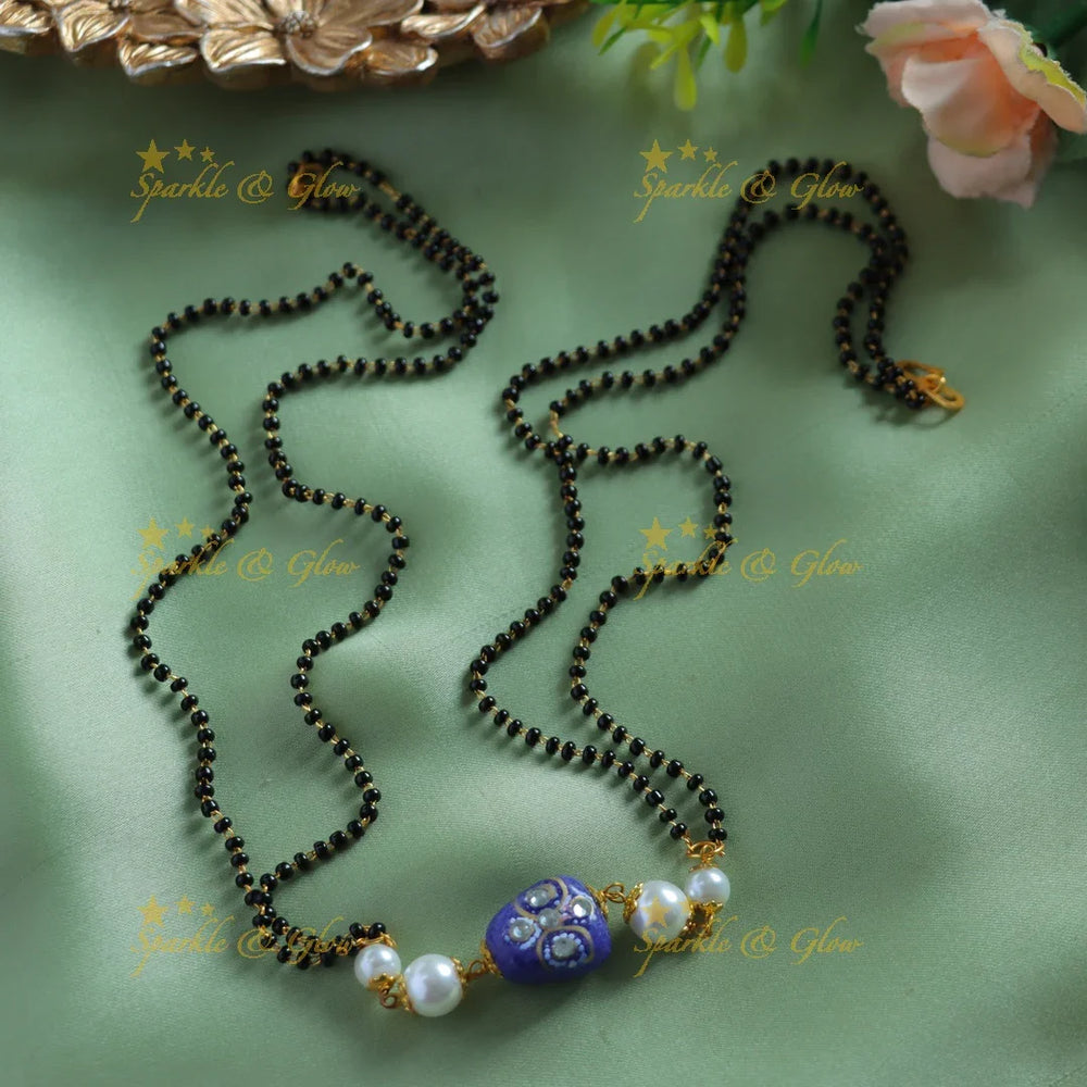 Stunning Beads and pearls pendant two layer black beads chain , mangalsutra - purple - Sparkle and Glow
