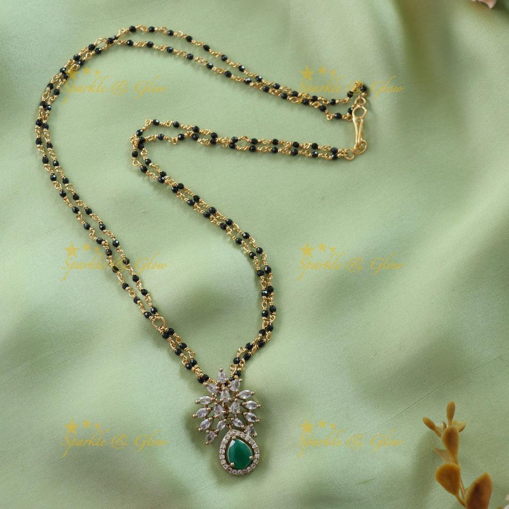 Stunning Leaf design stone pendant two layer black beads chain , mangalsutra with ruby - pink - Sparkle and Glow