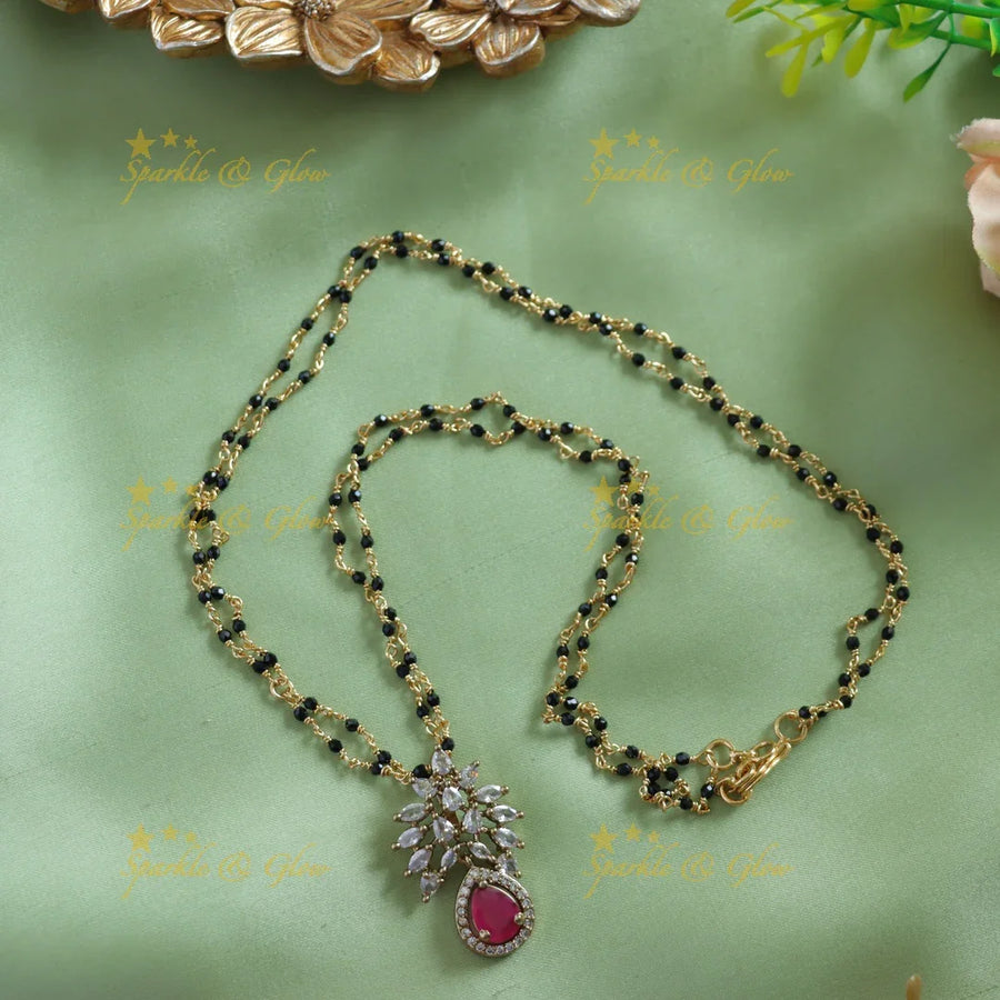 Stunning Leaf design stone pendant two layer black beads chain , mangalsutra with ruby - pink - Sparkle and Glow