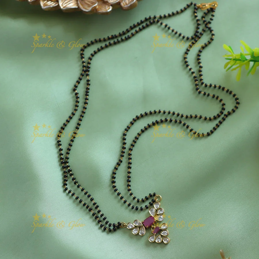 Beautiful Leaflet design stone pendant two layer black beads chain , mangalsutra - pink - Sparkle and Glow