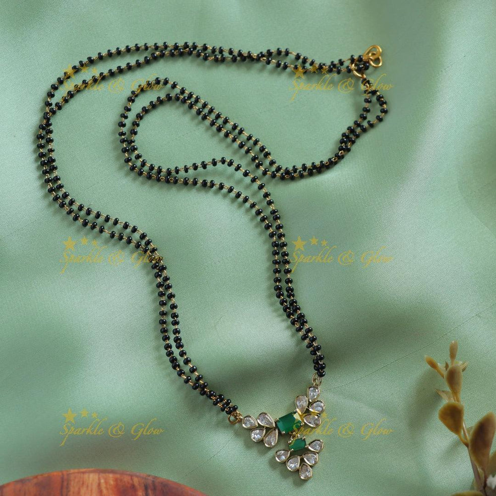 Beautiful Leaflet design stone pendant two layer black beads chain , mangalsutra - pink - Sparkle and Glow