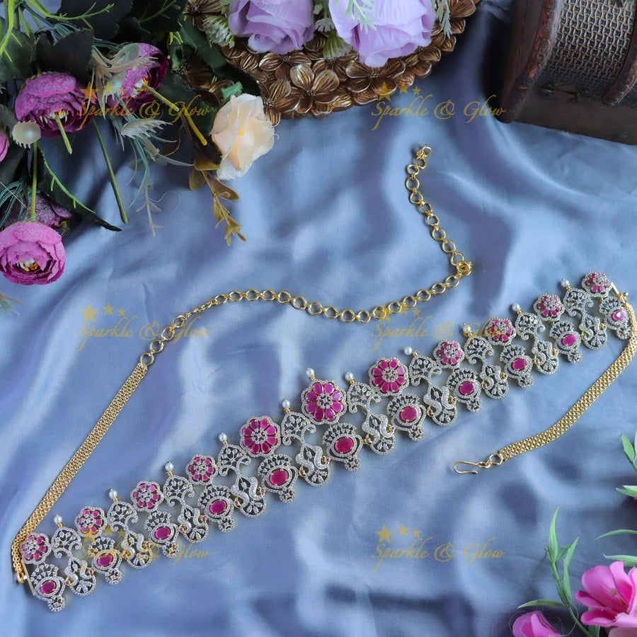 Gracious Peacock Floral American diamond Hipchain-Pink - Sparkle and Glow