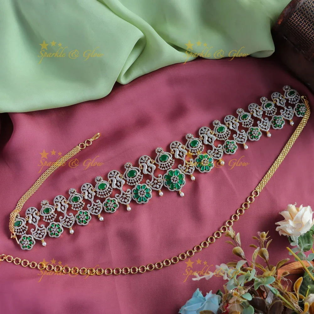 Gracious Peacock Floral American diamond Hipchain-Pink - Sparkle and Glow