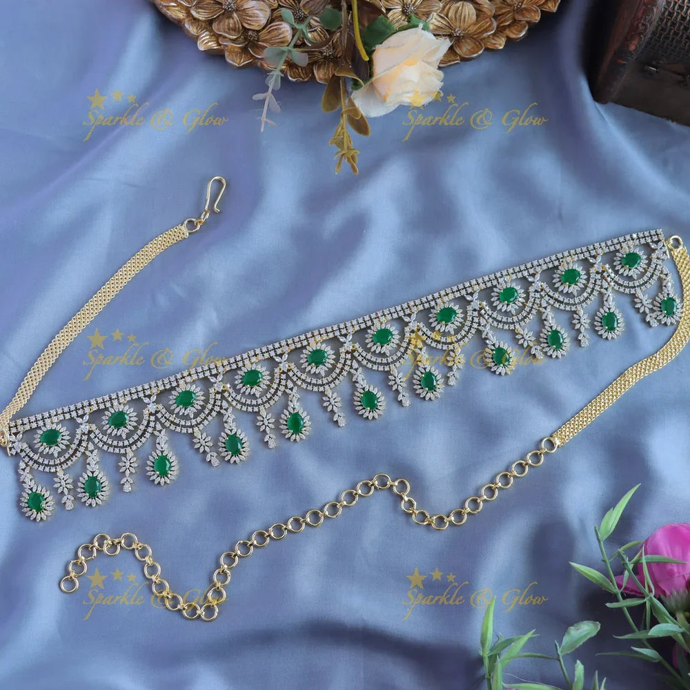 Elegant Floral Layered American diamond Hipchain-Blue - Sparkle and Glow