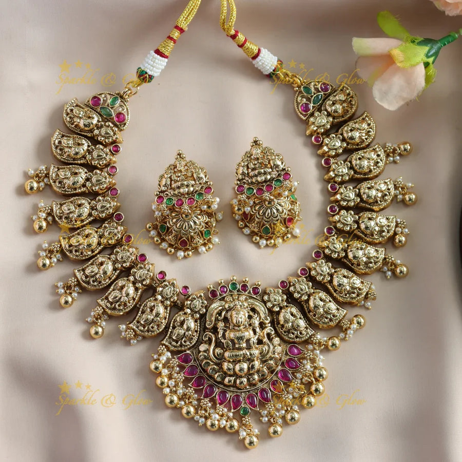 Beautiful Lakshmi carved mango short necklace with ruby stones gold beads - red gold - Sparkle and Glow