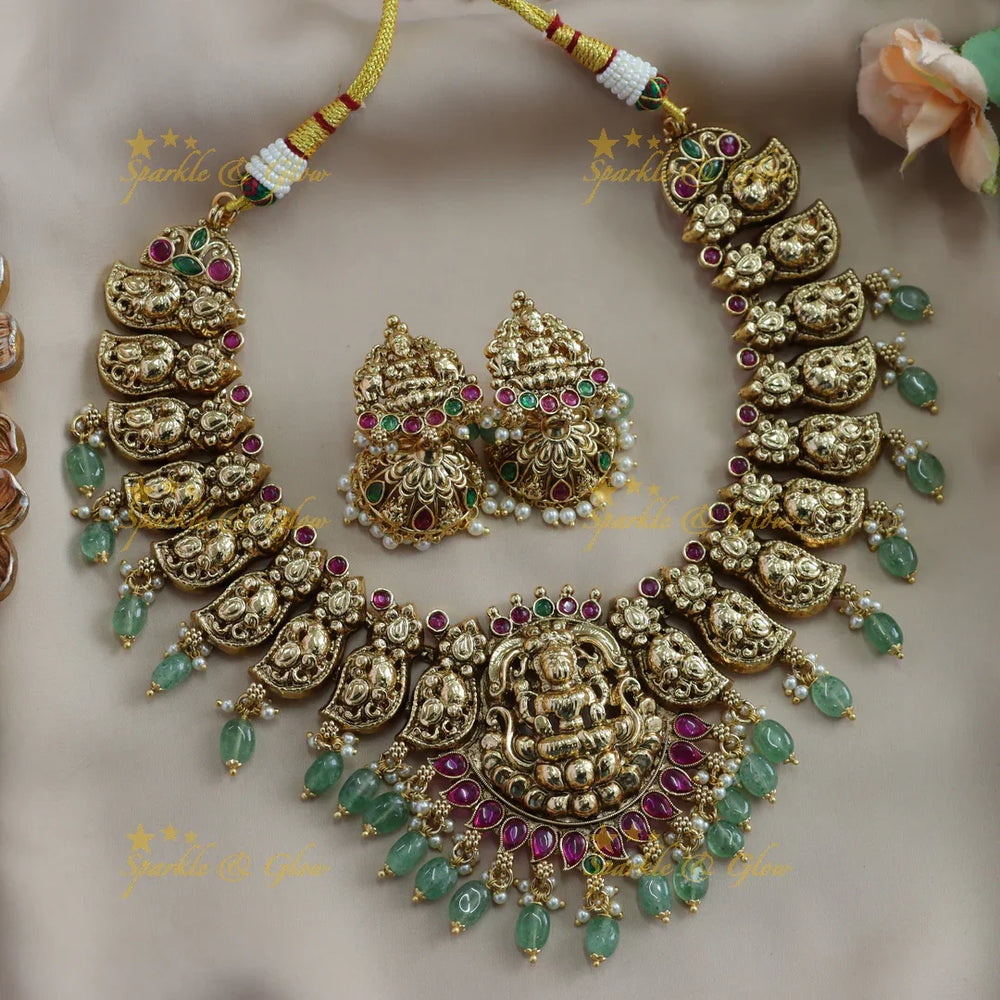Beautiful Lakshmi carved mango short necklace with ruby stones gold beads - red gold - Sparkle and Glow