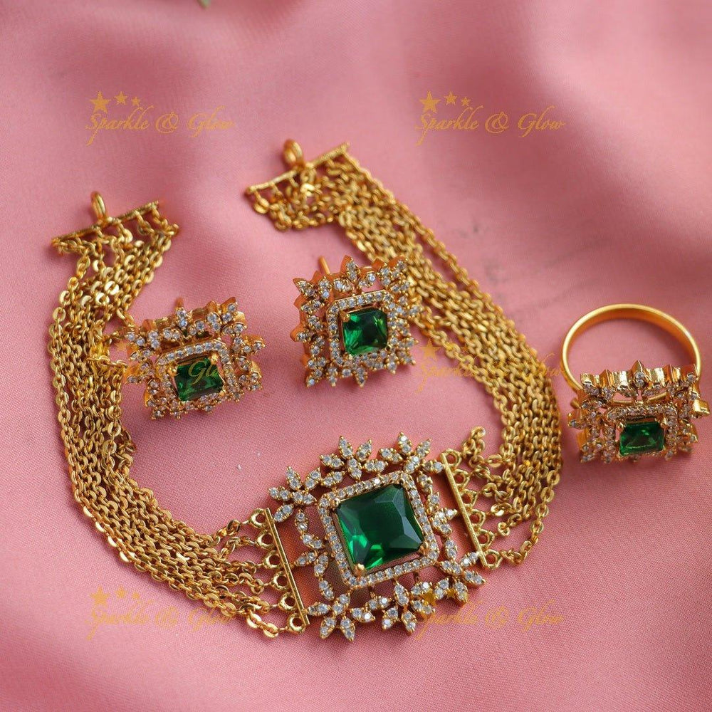 Statement Floral square stone pendant choker set with finger ring - green - Sparkle and Glow