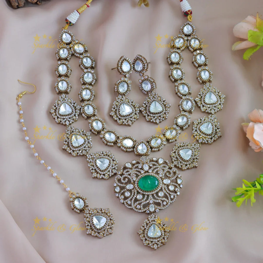 Statement Floral design two layer victorian AD short necklace with green stone with maang tikka - green - Sparkle and Glow