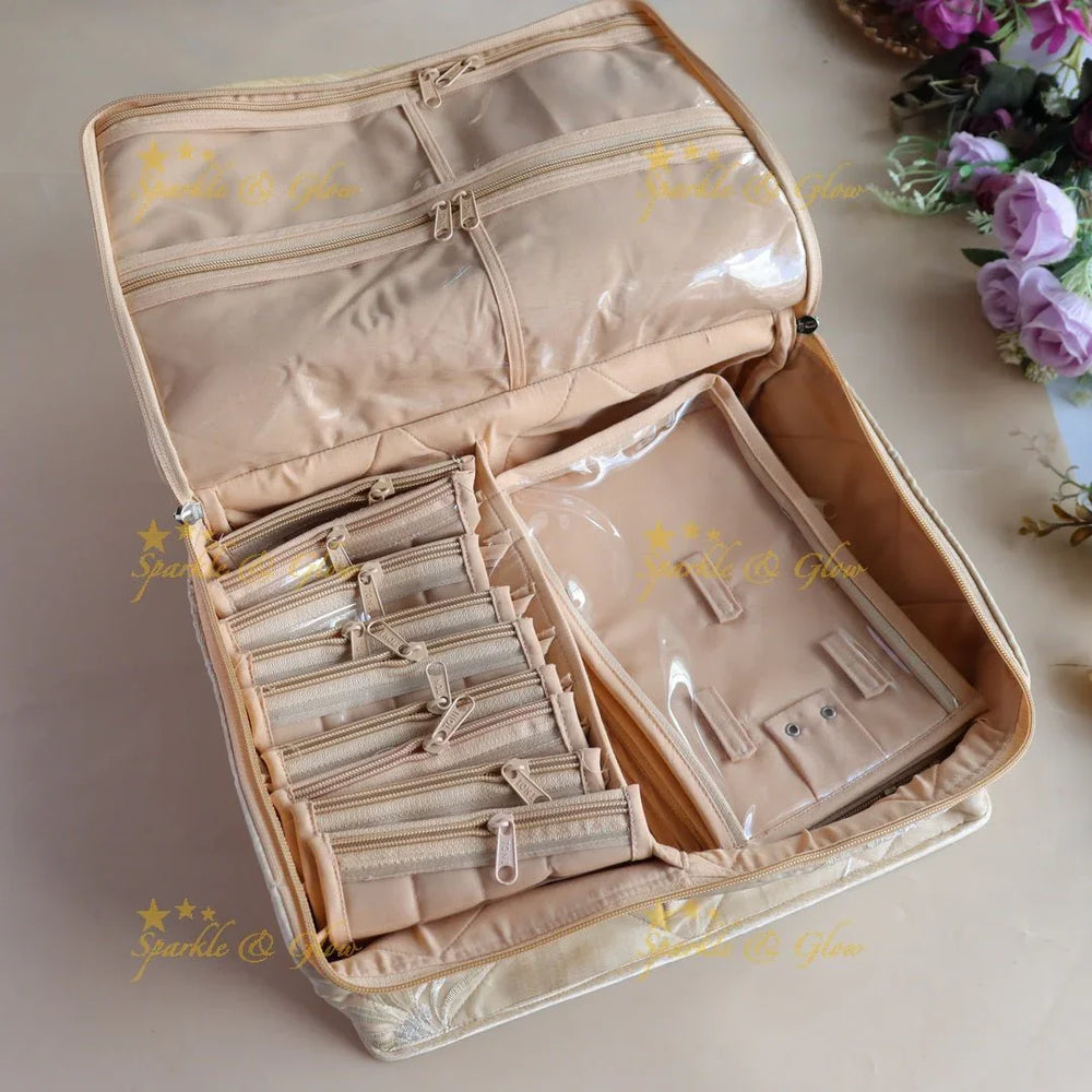 Spacious Leaf design Multiple section Jewellery Organiser-Cream - Sparkle and Glow