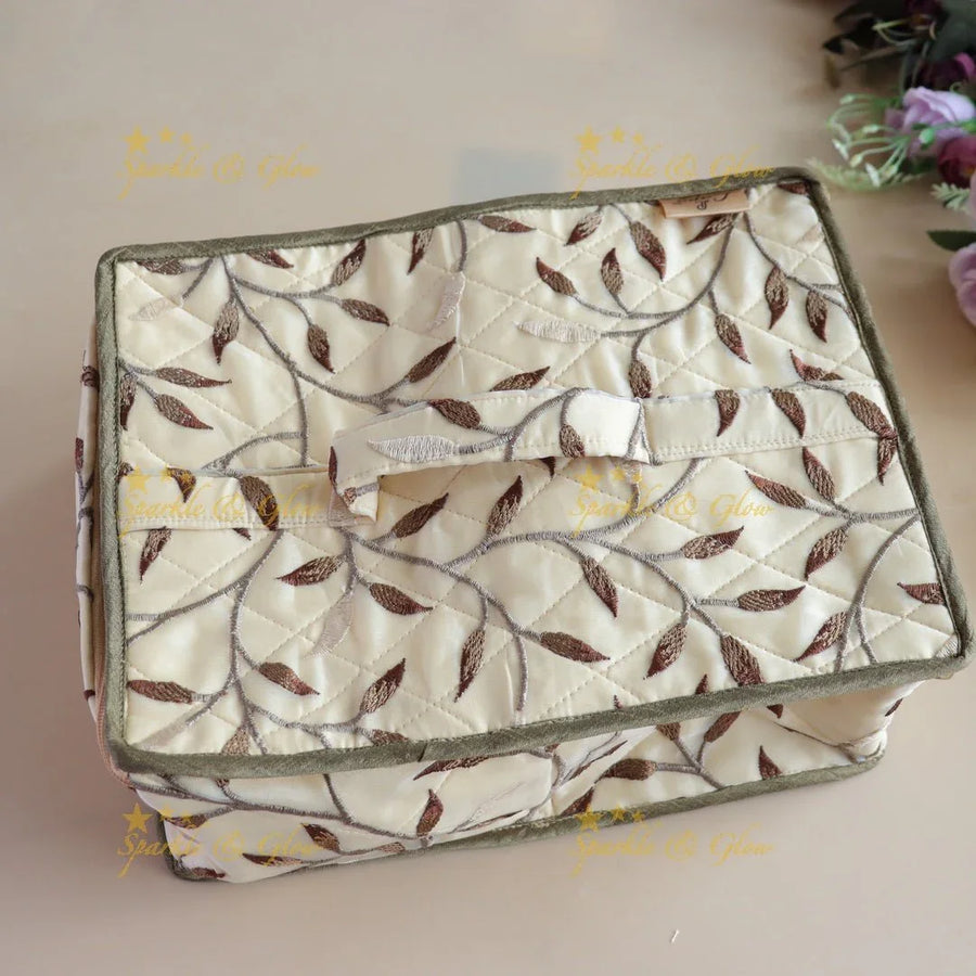 Spacious Embriodery Leaf design Multiple section Jewellery Organiser-Beige - Sparkle and Glow