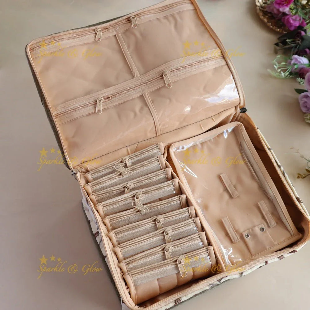 Spacious Embriodery Leaf design Multiple section Jewellery Organiser-Beige - Sparkle and Glow