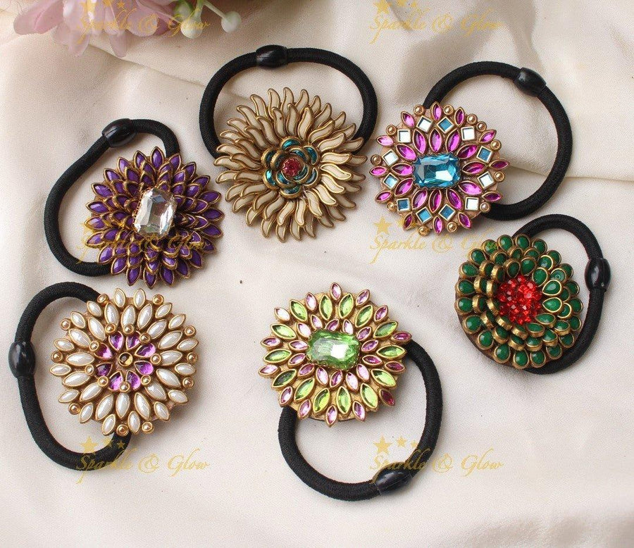 Elegant Sunflower design Silkthread Hairband- Set of 6- Assorted colours for return gifts - Sparkle and Glow