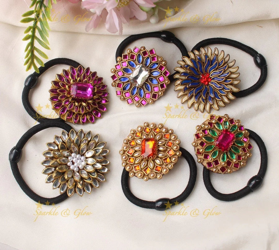 Beautiful Multi Floral design Silkthread Hairband- Set of 6- Assorted colours for return gifts - Sparkle and Glow