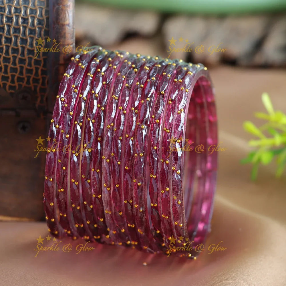 Beautiful Big drop glass bangles set of 12 bangles, (one dozen ), with gold dots - baby pink - Sparkle and Glow