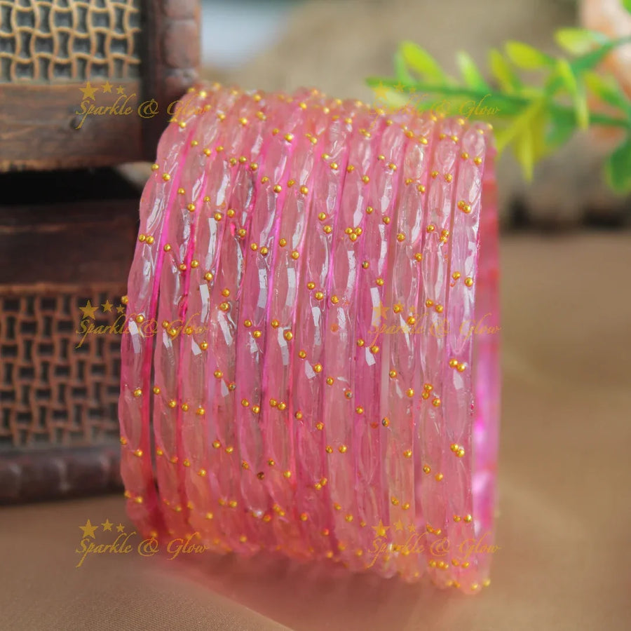 Beautiful Big drop glass bangles set of 12 bangles, (one dozen ), with gold dots - baby pink - Sparkle and Glow