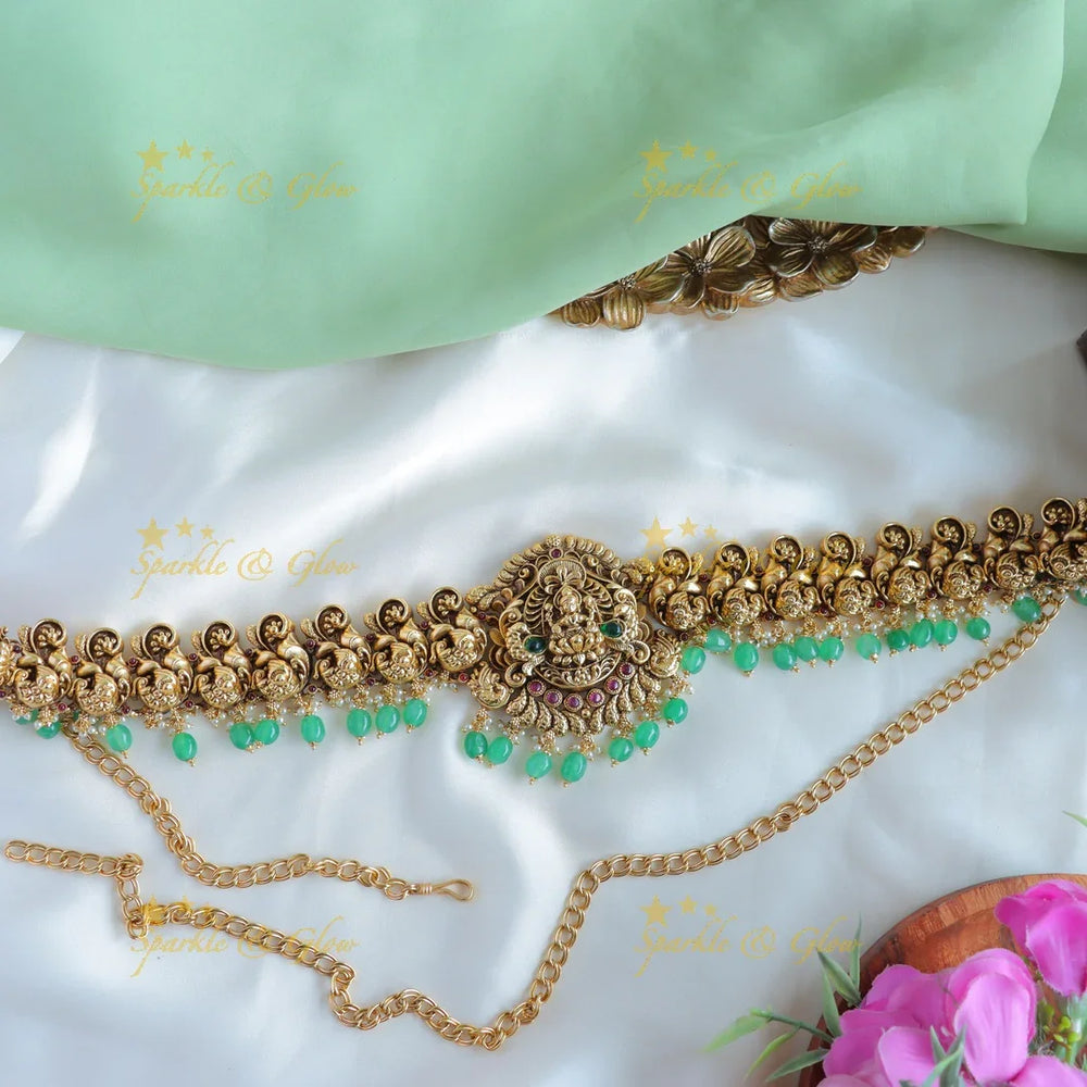 Sparkling Kemp Lakshmi Peacock carved Hipchain with Mintgreen beads - Sparkle and Glow