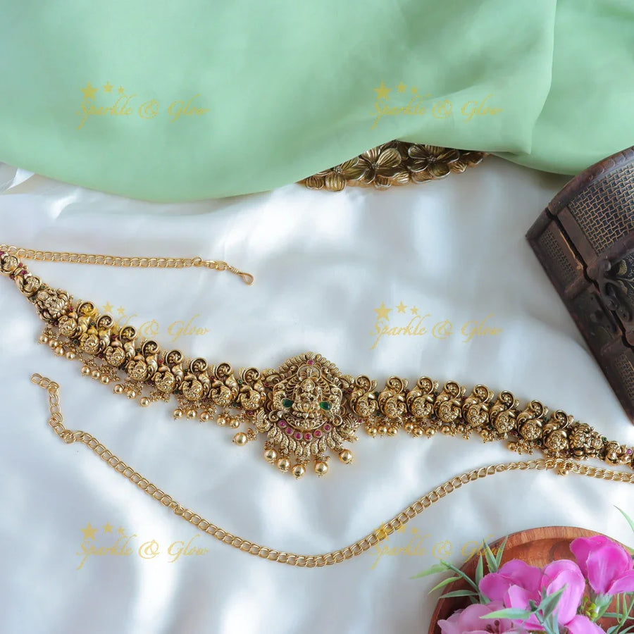 Sparkling Kemp Lakshmi Peacock carved Hipchain with Mintgreen beads - Sparkle and Glow