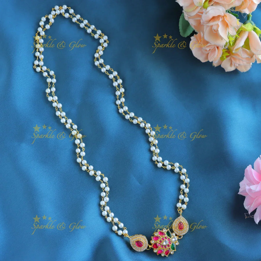 Grand Lotus pendant carved waterdrop Jadau pearl chain - Sparkle and Glow