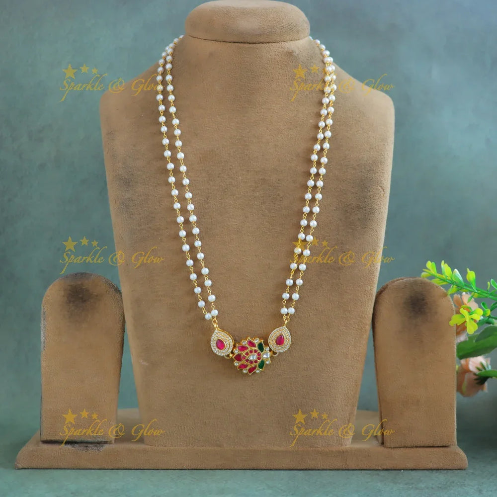 Grand Lotus pendant carved waterdrop Jadau pearl chain - Sparkle and Glow