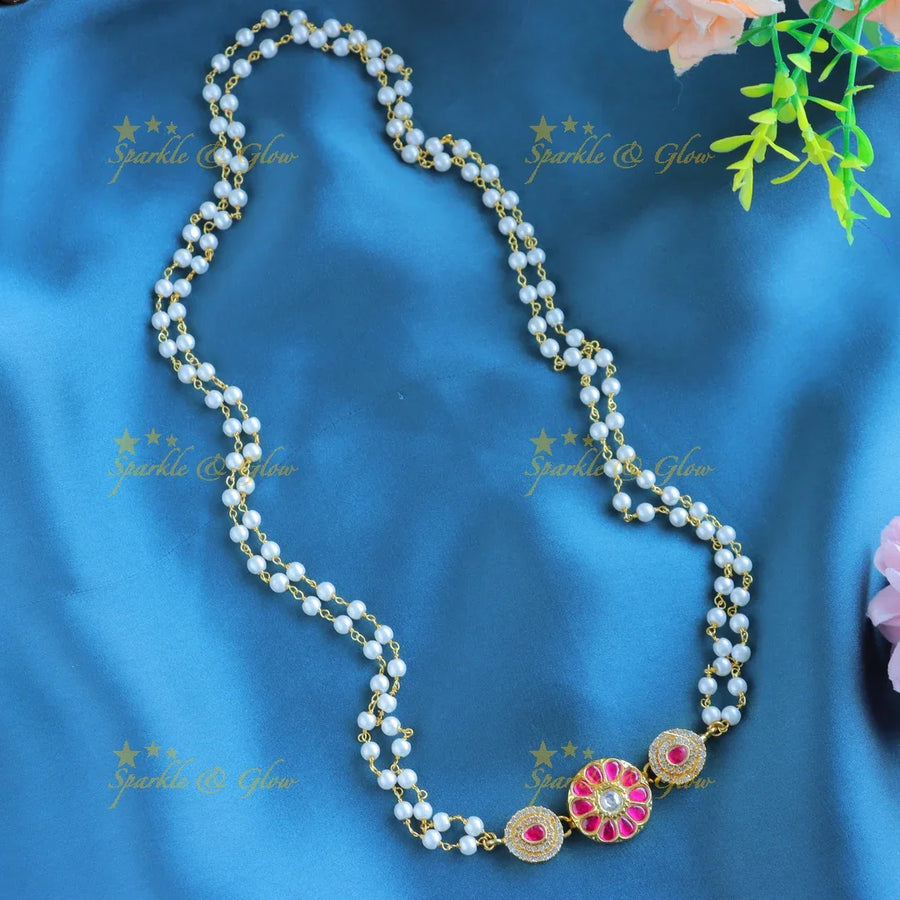 Grand Flower and dot design pendant carved Jadau pearl chain - Sparkle and Glow